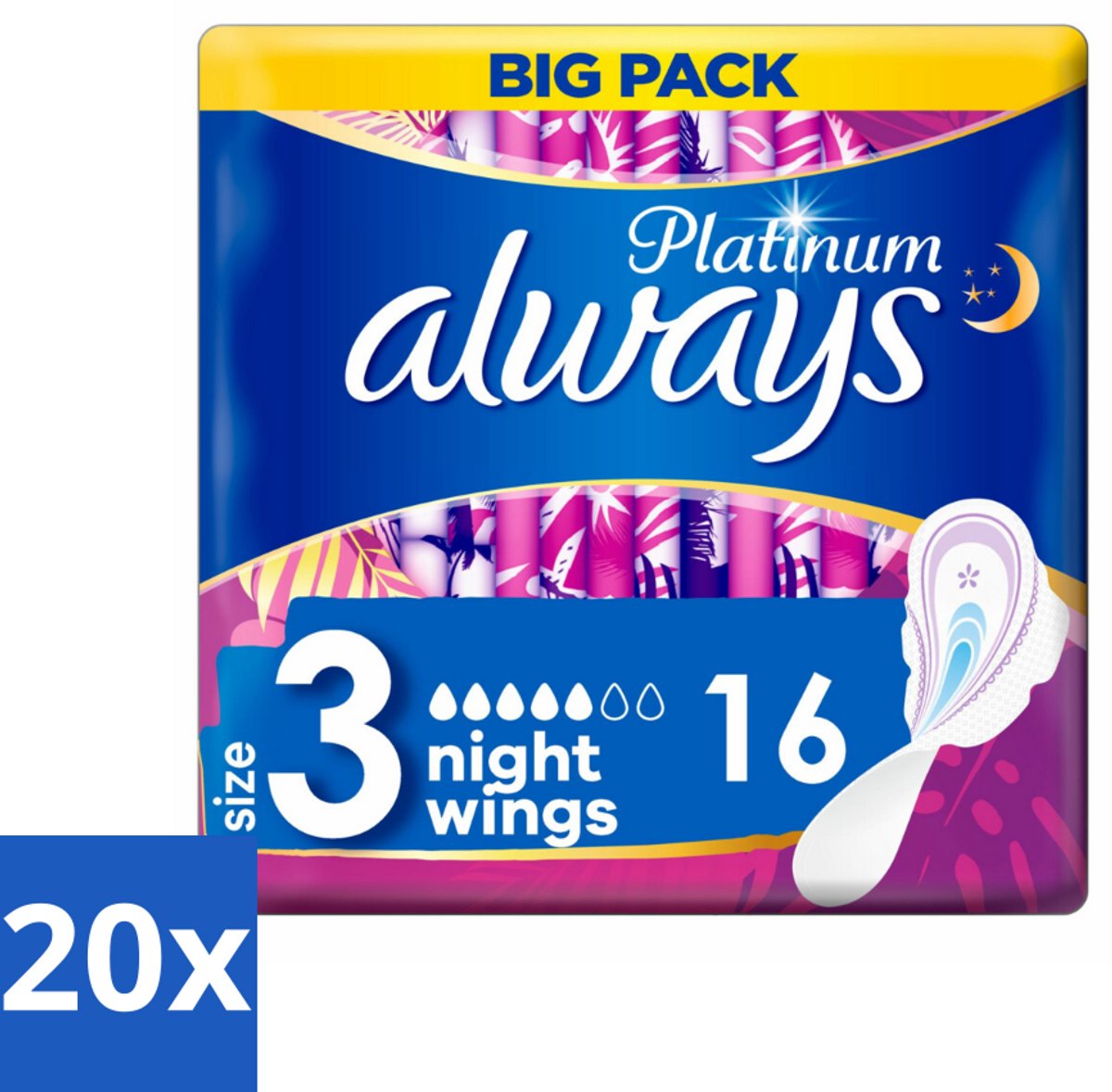 20 x Always Maandverband Platinum Ultra Night 16 stuks per verpakking - Maandverband Nacht - Nachtbescherming - Maandverband Voor Nacht - Maandverband Ultra Night - Maandverband Met Vleugels