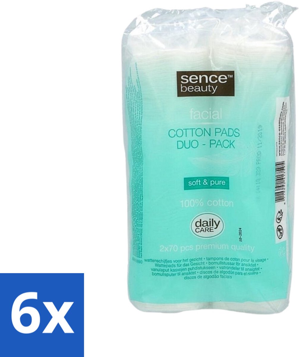 6 x Sence - Wattenschijfjes - Zacht & Sterk - 2 x 70 Wattenstaafjes - Wattenschijfjes - Gezicht Reinigen - Make-up Verwijderen - Nagellak Verwijderen - Huid Verzorging