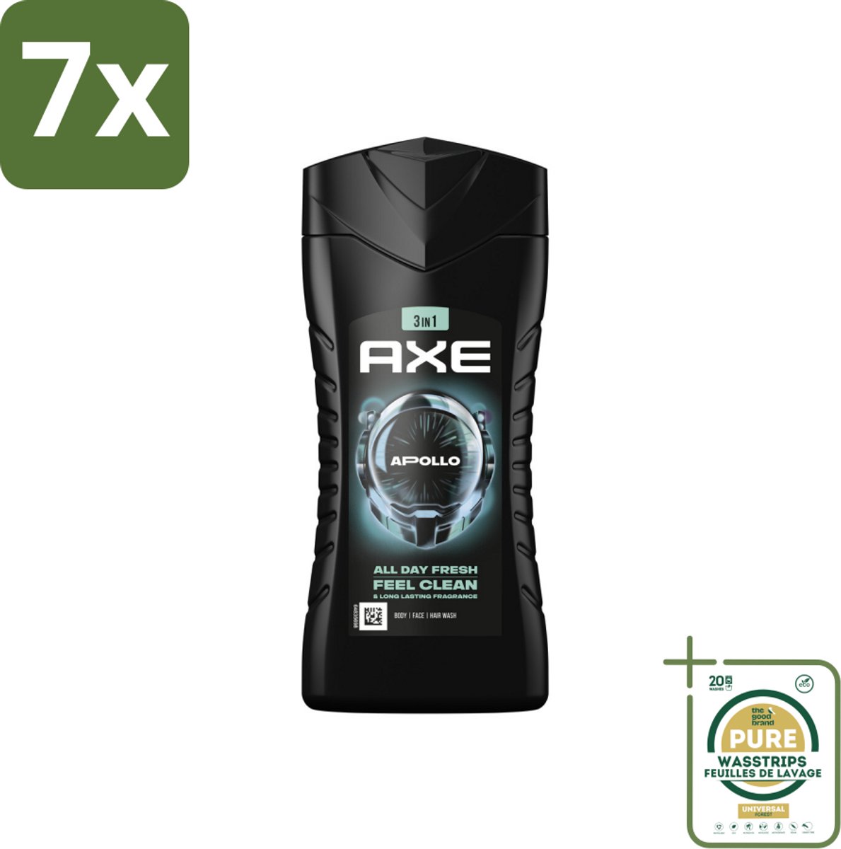 7 x Axe - 3-in-1 Douchegel - Apollo - Sage & Cedarwoord - 12hrs Long Lasting Scent - 250 ml - Grootverpakking - Douchegel Lichaam Gezicht Haar - Geur Salie Cederhout - 12 Uur Fris - Bacteriënverwijdering - Plantaardige Moisturizers