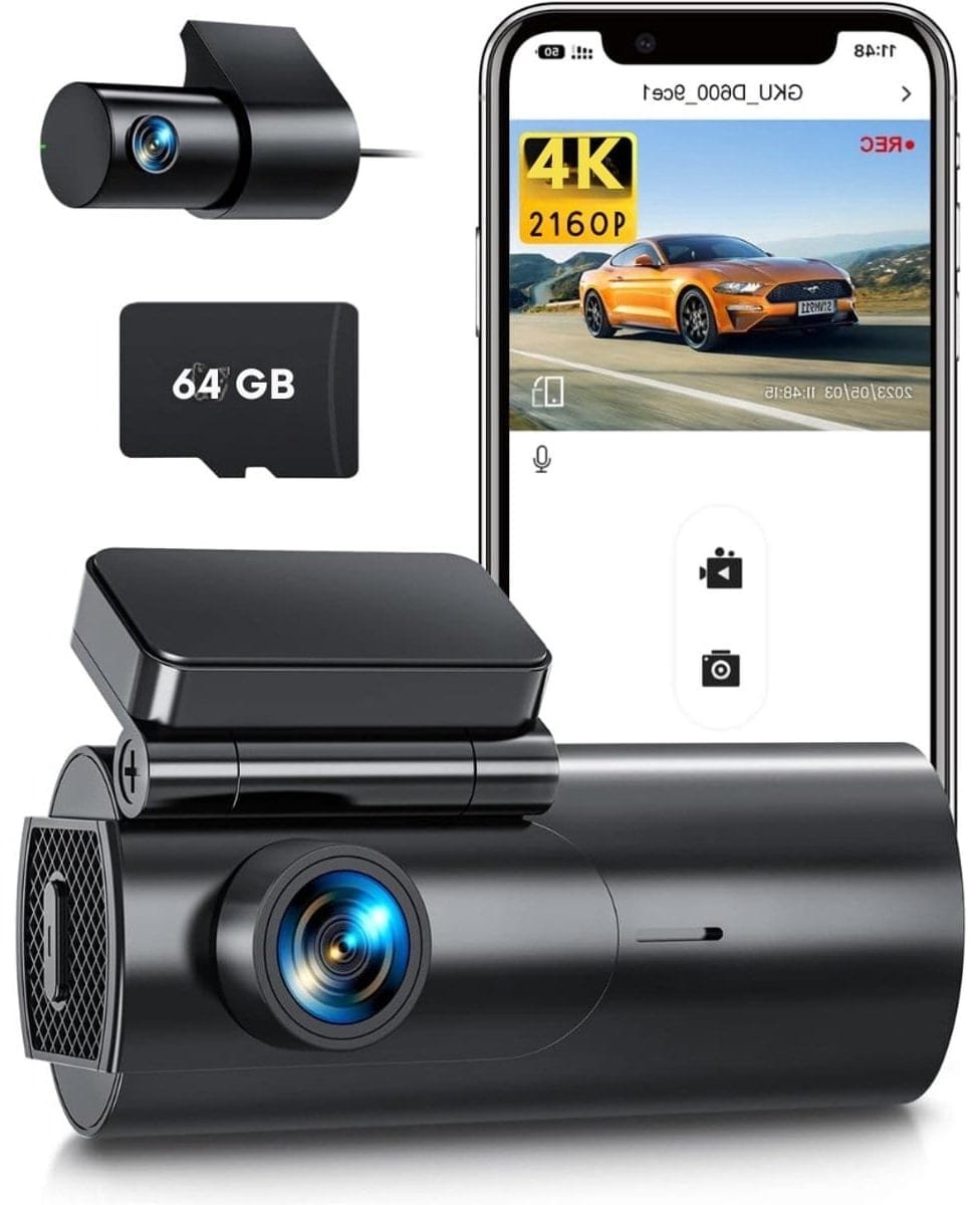 Klarven® Dashcam voor en achter Zwart - 4K frontcamera, 1080P achtercamera, Nachtmodus WDR