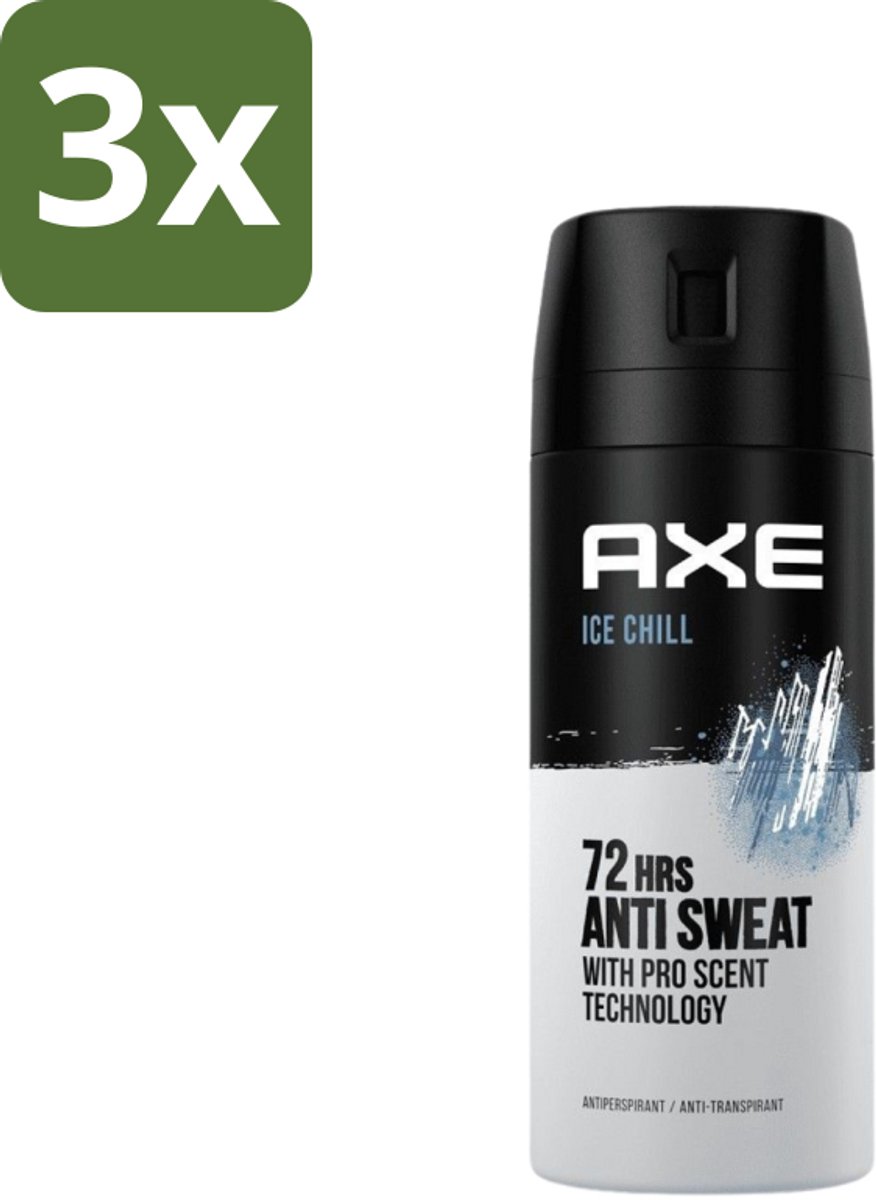 3 x Axe - Deodorant Spray - 72hrs Anti Sweat - Ice Chill - 150 ml - Anti-sweat Spray - Zweetvermindering - Ijskoude Citroen - Muntgeur - 72 Uur Bescherming