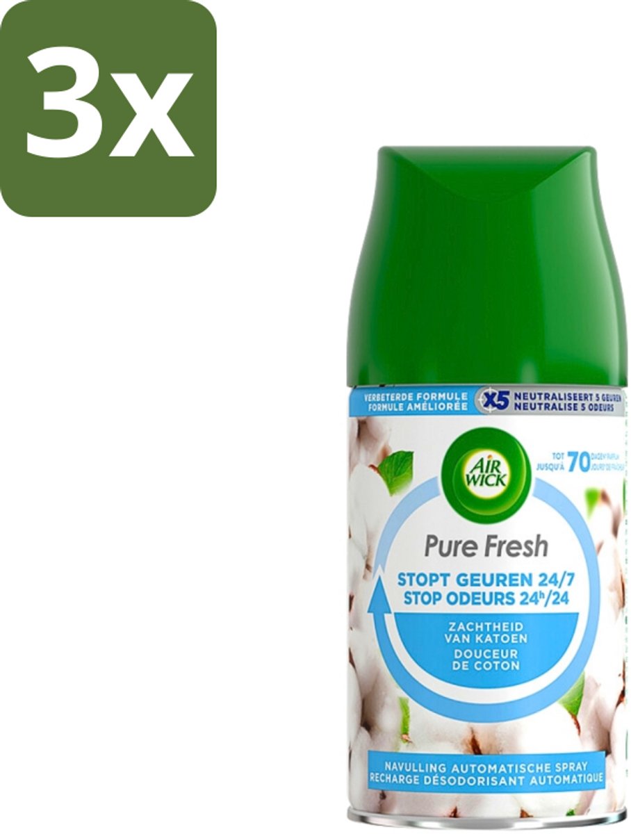 3 x Air Wick Freshmatic Pure Fresh Navulling Zachtheid van Katoen 250 ml - Luchtverfrisser - Geurverspreider - Katoen Geur - Frisse Geur - Geur Neutraliseren