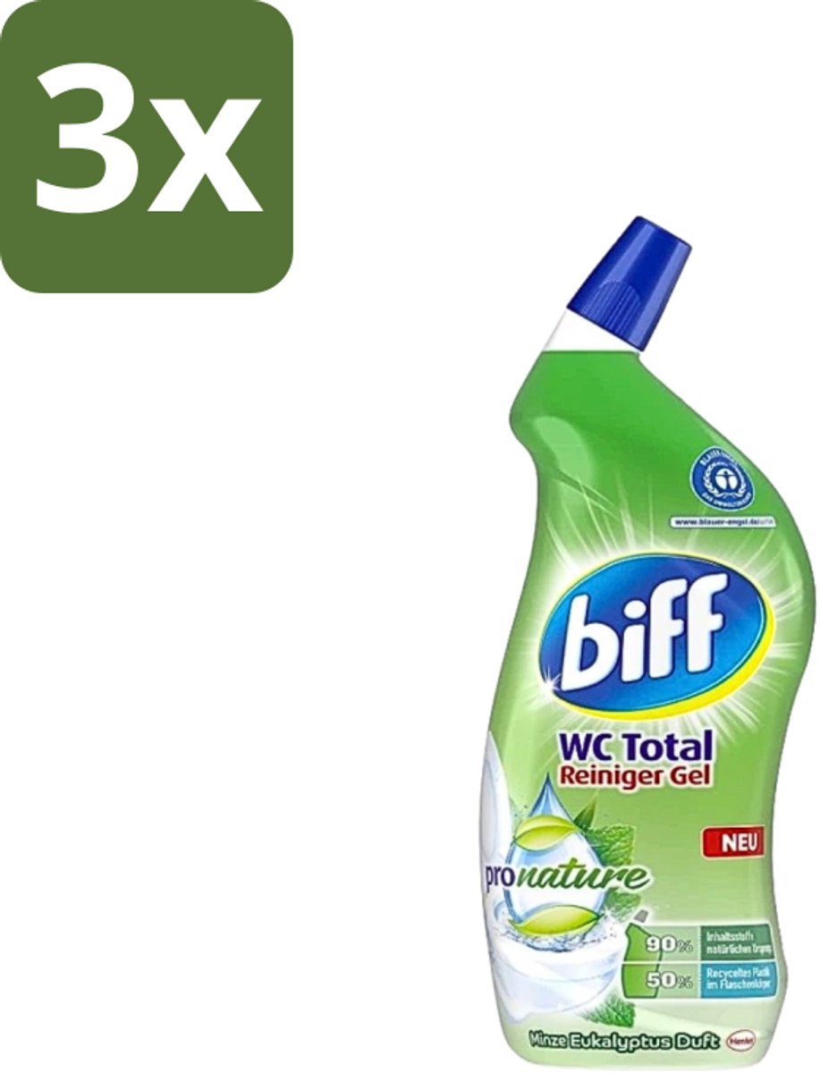3 x Biff - WC Total Gel - ProNature Toiletreiniger - Mint Eucalyptus 750ml - Toilet Reinigen - Toilet Reinigingsgel - Mint Eucalyptus Geur - Kalkaanslag Verwijderen - Hygiëne Toilet