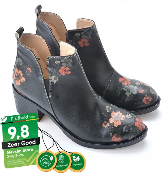 Goby Midnight Blossom Dames Enkellaarsjes - Handgemaakt Vegan Leer - Maat 38