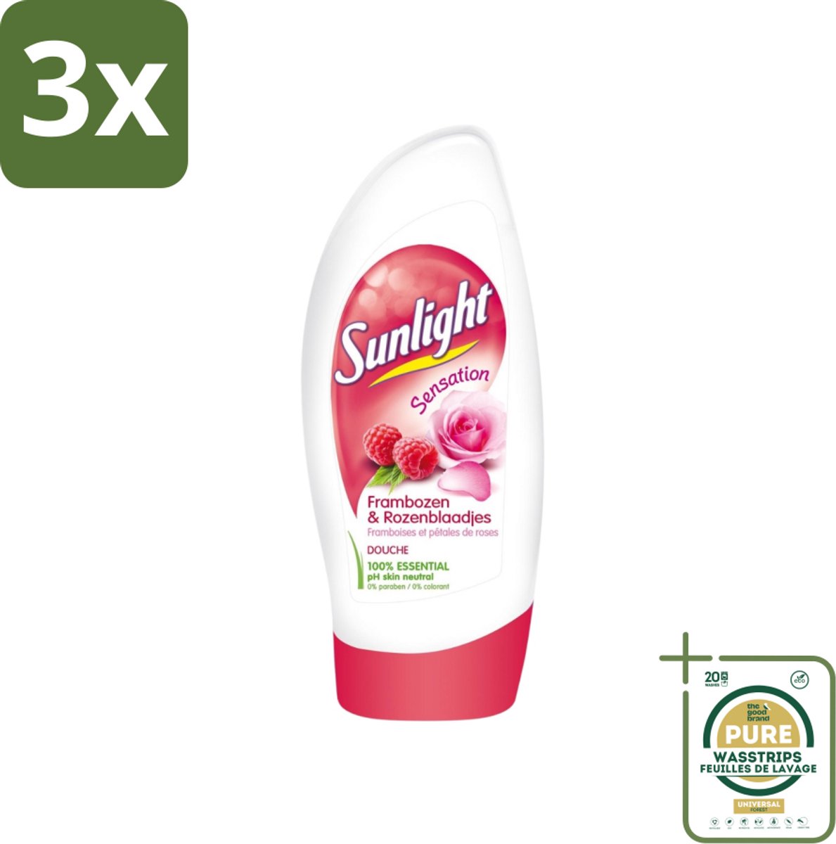 3 x Sunlight - Douchegel - PH Neutraal - Rozen En Frambozen - 250 ml - Grootverpakking - Douchegel - Zachte Reiniging - PH Neutraal - Roze Geur - Frambozen Geur