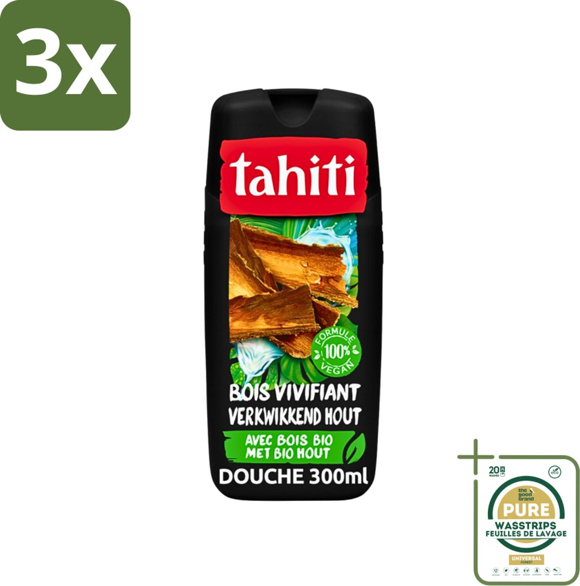 3 x Tahiti - Douchegel - Verkwikkend Bio Hout - 100% Vegan - 300 ml - Grootverpakking - Douchegel - Houtgeur - Verkwikkend - Huid Verzorgen - Huid Verzachten