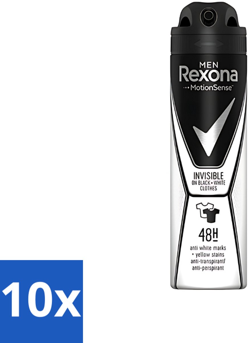10 x Rexona Men - Deodorant Spray - Motion Sense - Invisible Black & White - Anti-Transpirant & Perspirant - 150ml - Deodorant Spray - Anti-transpirant - Witte Strepen - Gele Vlekken - Beschermd Tegen Transpiratie
