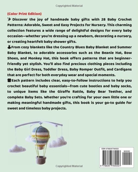 Dos du livre de crochet avec description et un mobile montgolfière au crochet avec des nuages.
