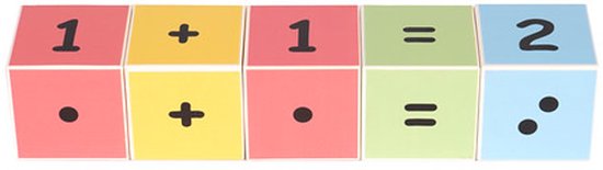Vier gekleurde blokjes op een rij met cijfers en rekensymbolen: 1, +, 1, =, 2.