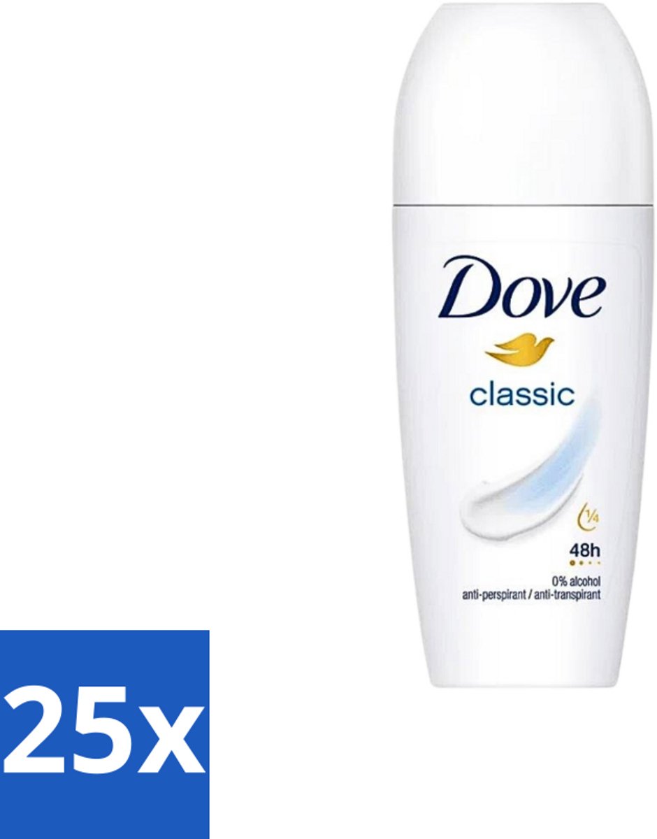 25 x Dove Classic - Deodorant Roll-on - 50 ml - Bescherming Tegen Transpiratie - Okselbescherming - Deodorant - Hydraterende Okselcrème - Dagelijks Gebruik