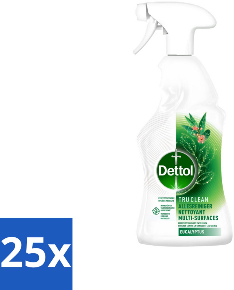 25 x Dettol Tru Clean - Allesreiniger - Spray - Eucalyptus - Multi-Oppervlakken - 500ml - Allesreiniger - Vet En Vlekken Verwijderen - Eucalyptusgeur - Natuurlijke Ingrediënten - Milieuvriendelijk