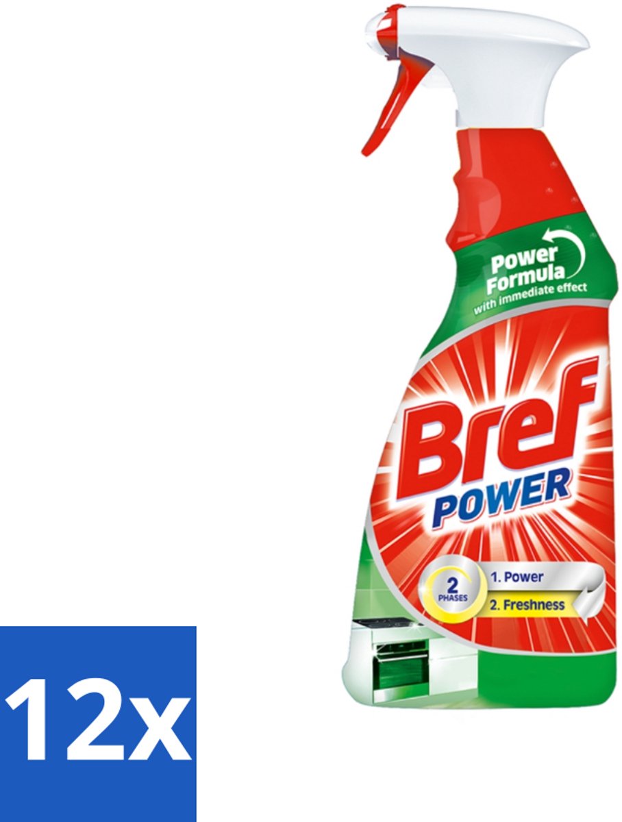 12 x Bref Power - Keukenreiniger - Spray - Ontvetter - 750 ml - Keukenreiniger - Ontvetter - Schoonmaakmiddel - Keukenspullen - Vetverwijderaar