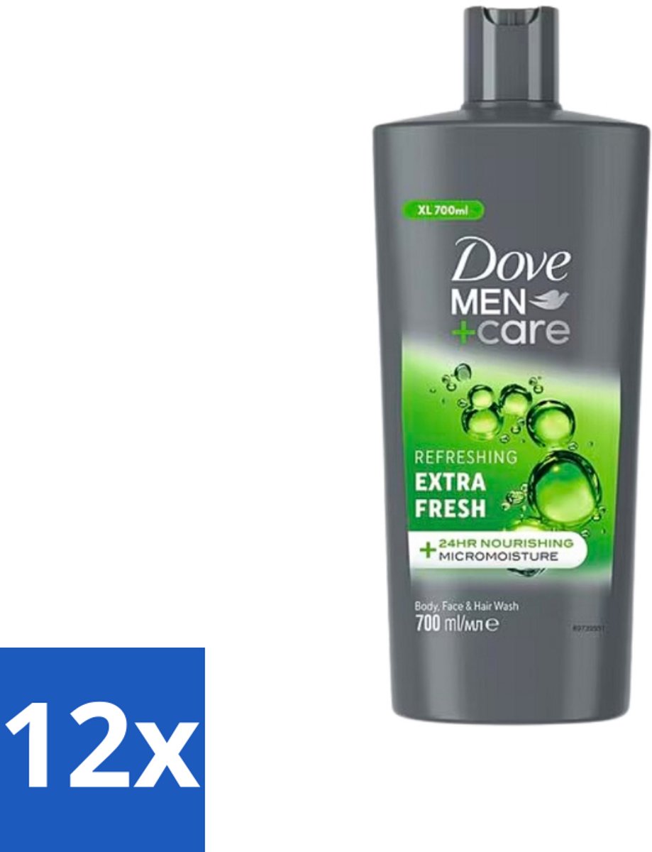 12 x Dove Men+Care - Extra Fresh - Douchegel 3-in-1 - Verzorgend - 700 ml - Douchegel - Mannen - Verzorging - Hydratatie - Verfrissend