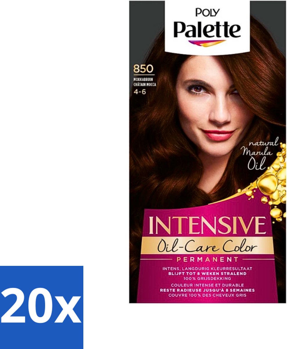 20 x Poly Palette - Haarverf - Mokka Bruin 850 - 115ml - Haarverf - Mokka Bruin - Kleurcrème - Grijsdekking - Marula-olie