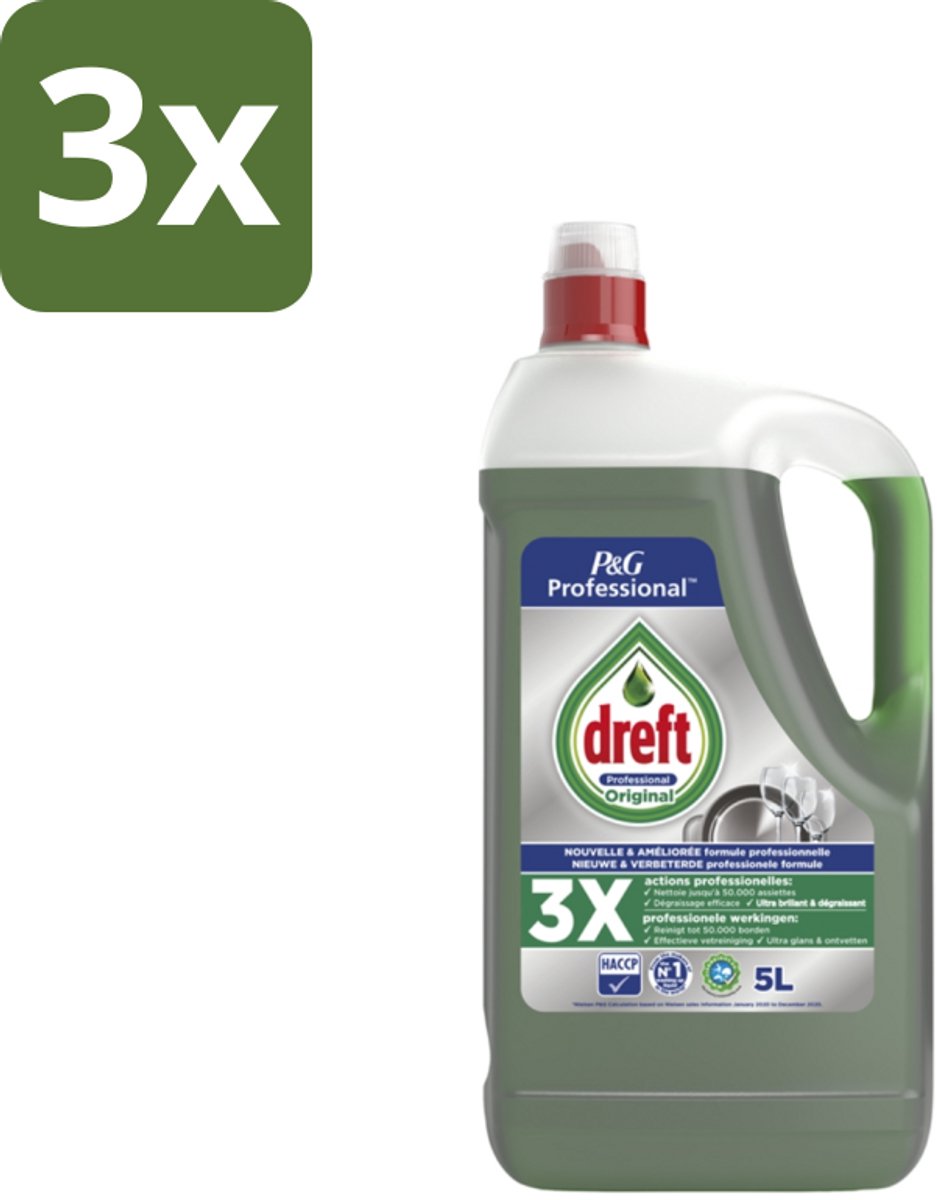 3 x Dreft Professional - Vloeibaar Afwasmiddel - Regular - 5 L - Afwasmiddel - Reinigingsmiddel - Vaat Reinigen - Ramen Reinigen - Spiegel Reinigen