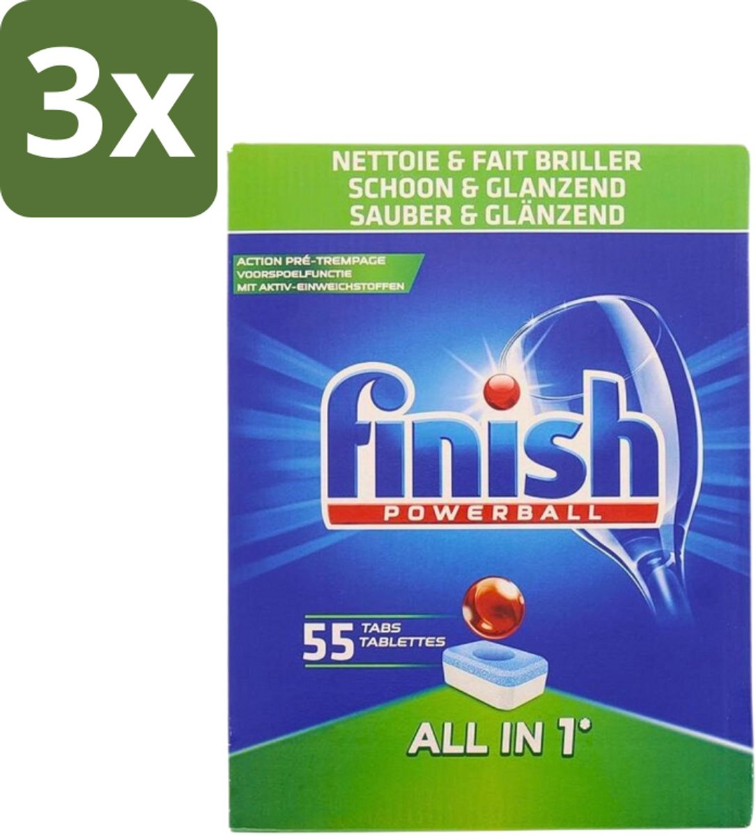 3 x Finish Powerball - All in 1 - Vaatwastabletten - Schoon & Glans - 55 Tabletten - Vaatwasmiddel - Vaatwastablet - Vaat Reinigen - Glans Behouden - Vaat Reinigen Zonder Voor Spoelen