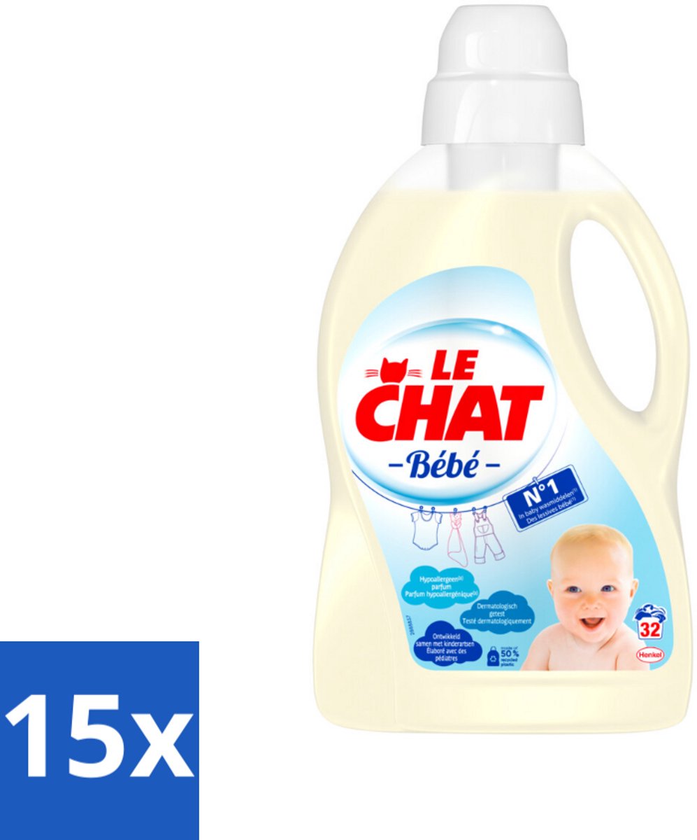 15 x Le Chat Vloeibaar Wasmiddel Bébé 32 Wasbeurten 1440 ml - Wasmiddel Voor Baby - Hypoallergisch Wasmiddel - Wasmiddel Voor Gevoelige Huid - Wasmiddel Voor Kinderen - Wasmiddel Tegen Babyvlekken