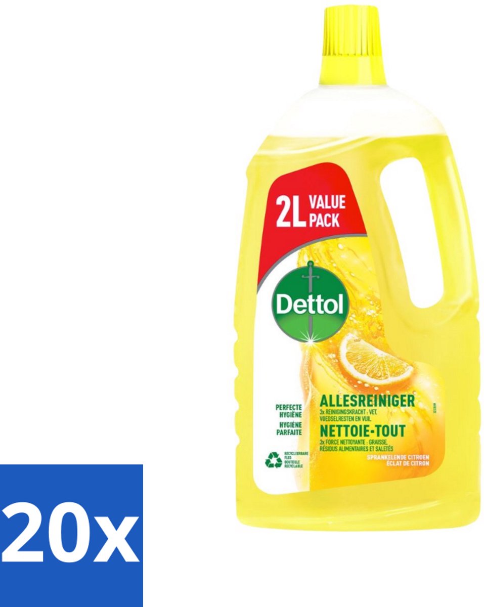 20 x Dettol - Allesreiniger - Sprankelende Citroen - Perfecte Hygiëne - 2L - Allesreiniger - Hygiëne - Citroengeur - Reiniging - Vet Verwijderen