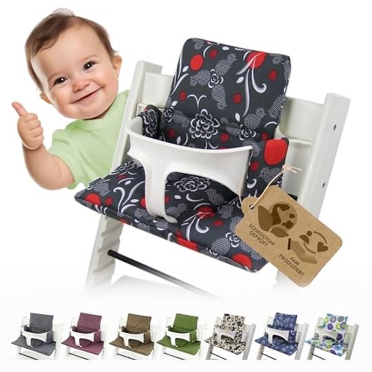 Vervangende hoes voor zitkussen en stoelverkleiner - Compatibel met Tripp Trapp kinderstoel - Grijs Rood Vogels