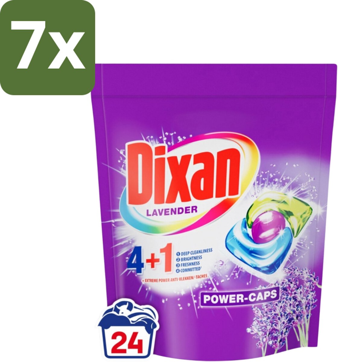 7 x Dixan Power Caps - Wasmiddelcapsules en Vlekverwijderaar - Extreme Power - Gekleurde Was - Lavendel - 24 Wasbeurten - Wasmiddelcapsules - Vlekverwijderaar - Gekleurde Was - Lavendel - Wasbeurt