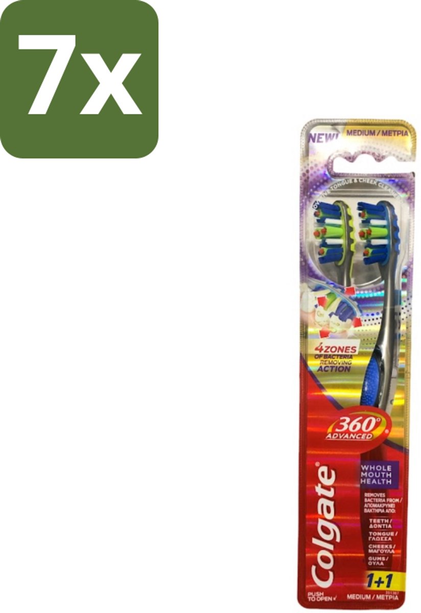 7 x Colgate - 360° Geavanceerd - Tandenborstel - Medium - 2 Tandenborstels - Tandenborstel - Mondhygiëne - Tandenborstel 360° - Bacteriën Verwijderen - Tanden Reinigen