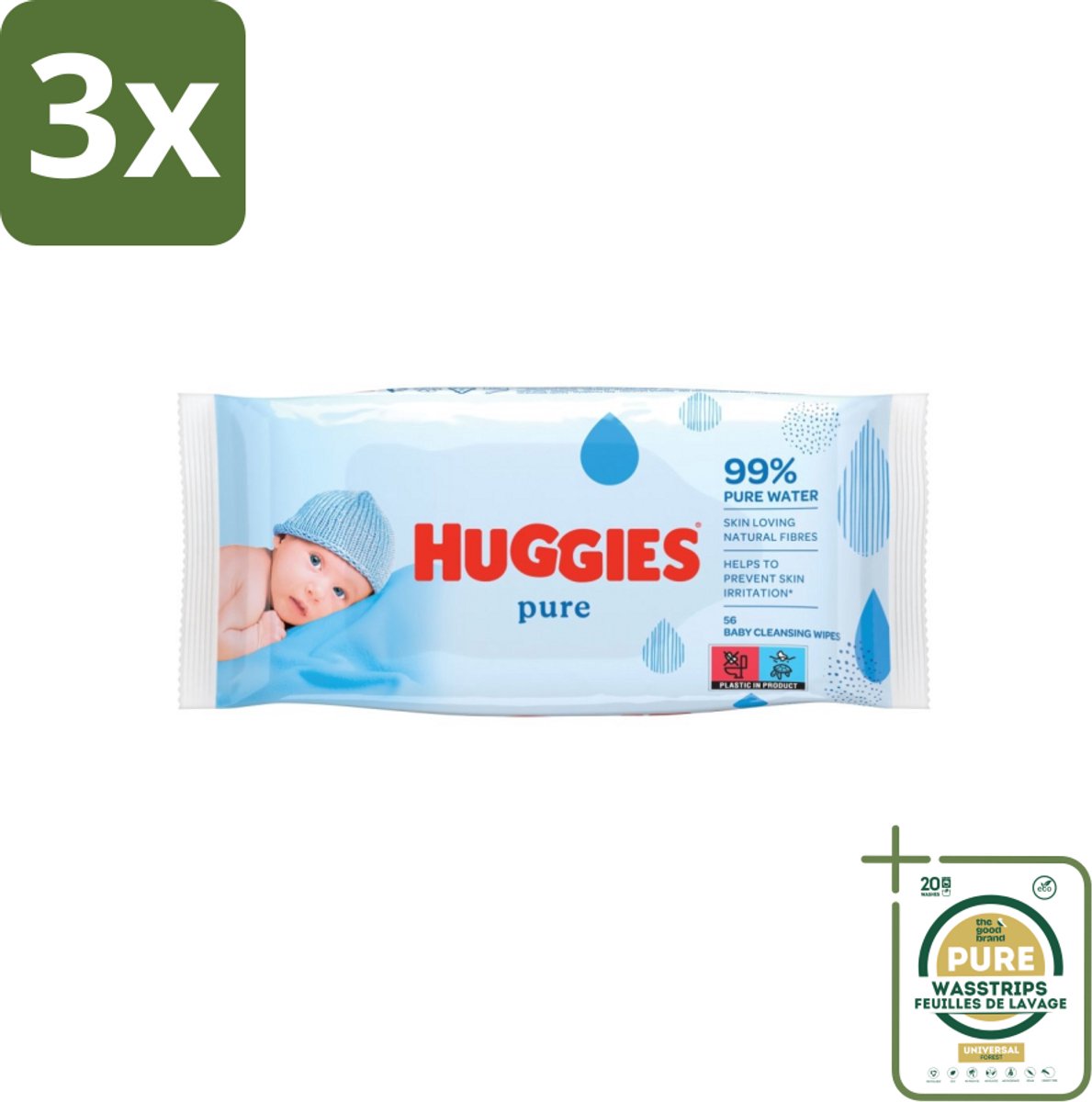 3 x Huggies - Billendoekjes - Pure - Tegen Huidirritaties - 56 Babydoekjes - Grootverpakking - Babydoekjes - Huidverzorging - Hypoallergeen - Babyhuid - Reiniging