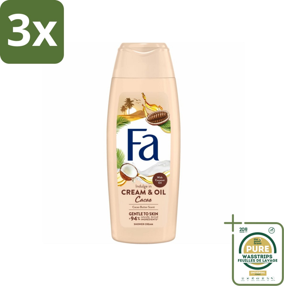 3 x Fa - Cream & Oil Cacao - Douchecrème - Cacaoboter Met Kokosolie - 250 ml - Grootverpakking - Douchecrème - Cacaoboter - Kokosolie - Huid Verzorging - Hydratatie
