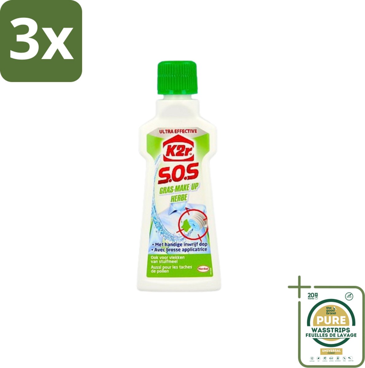 3 x K2R - SOS Vlekverwijderaar - Gras & Make-up - 50ml - Grootverpakking - Vlekverwijderaar - Grasvlek - Make-upvlek - Textielverwijderaar - Vlekken Verwijderen