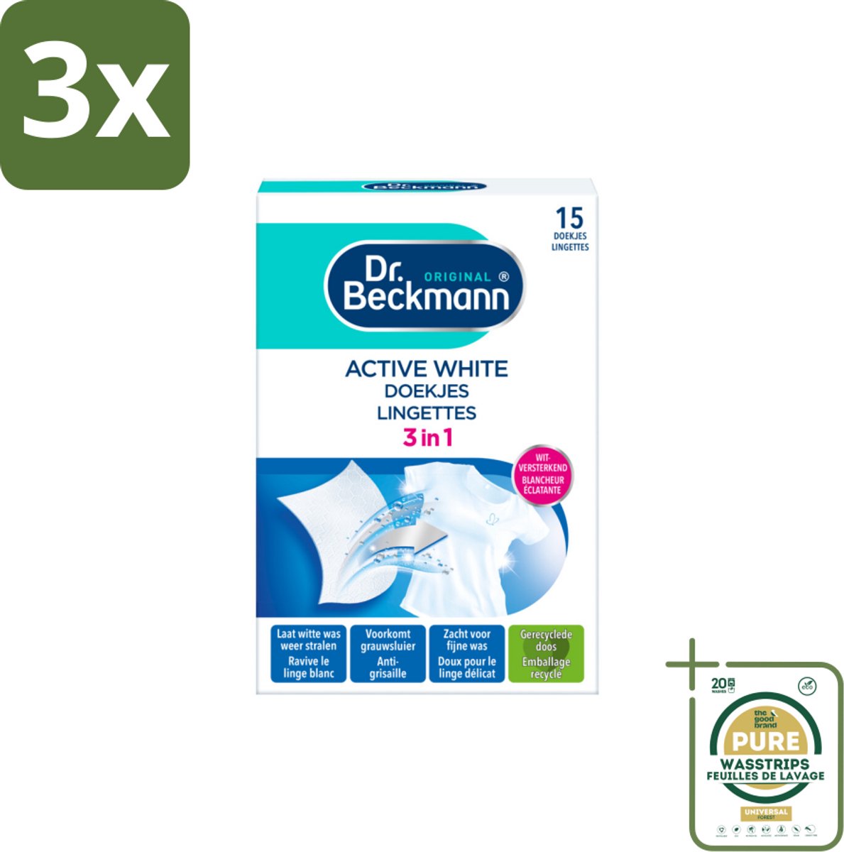 3 x Dr. Beckmann - Kleurverzorging - Active White - Witte Was - 15 Doekjes - Grootverpakking - Witwas - Grauwsluier Verwijderen - Witte Was Herstellen - Actieve Witmaker - Was Reinigen