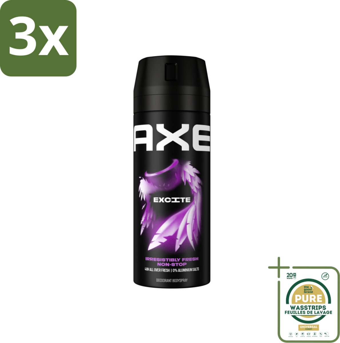 3 x Axe - Deodorant Bodyspray - 48hrs Fresh - Excite - Crisp Coconut & Black Pepper - 150 ml - Grootverpakking - Deodorant - Lichaamsgeur - Frisheid - Kokosnoot - Zwarte Peper