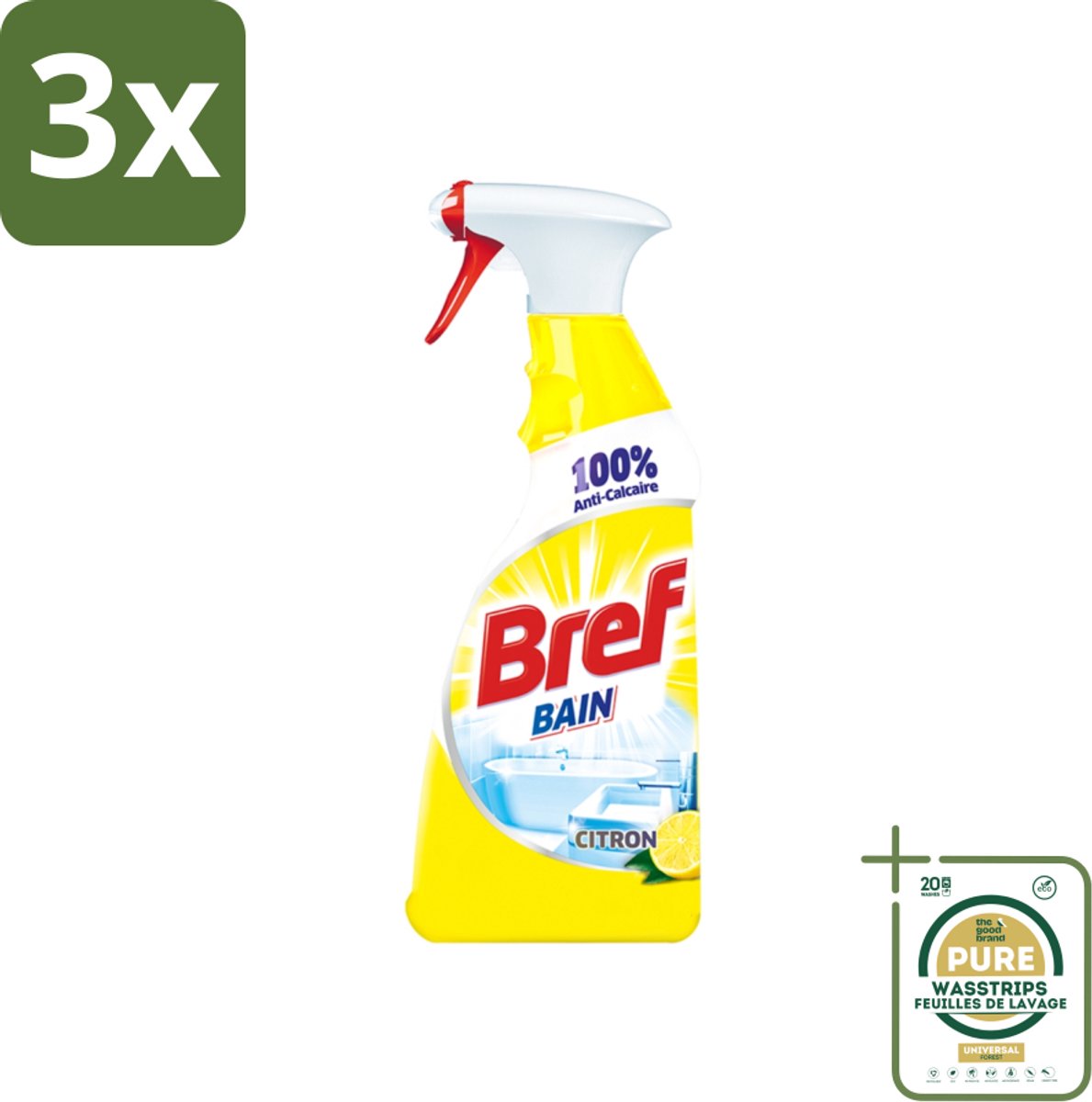 3 x Bref - Badkamerreiniger - Spray - Anti-Kalk - Citroen - 750 ml - Grootverpakking - Badkamer Reiniger - Kalkbestrijder - Zeep En Vuil Verwijderen - Citroenspray - Badkamer Reinigen