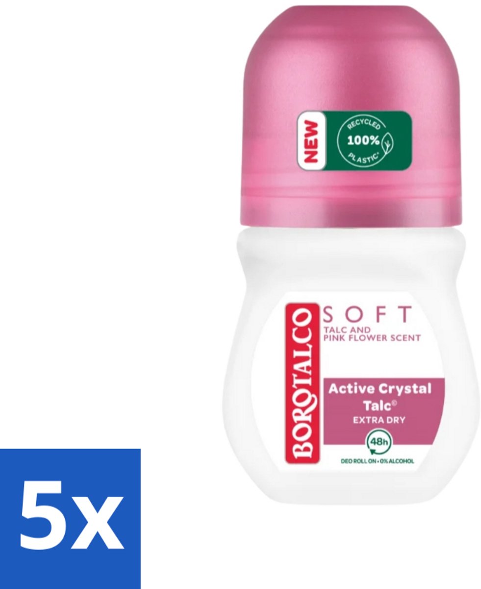 5 x Borotalco - Deodorant Roller - Soft - Talc & Pink Flower - 0% Alcohol - 50 ml - Deodorant Roller - Talc - Droge Huid - Zweetgeur - Bloemige Geur