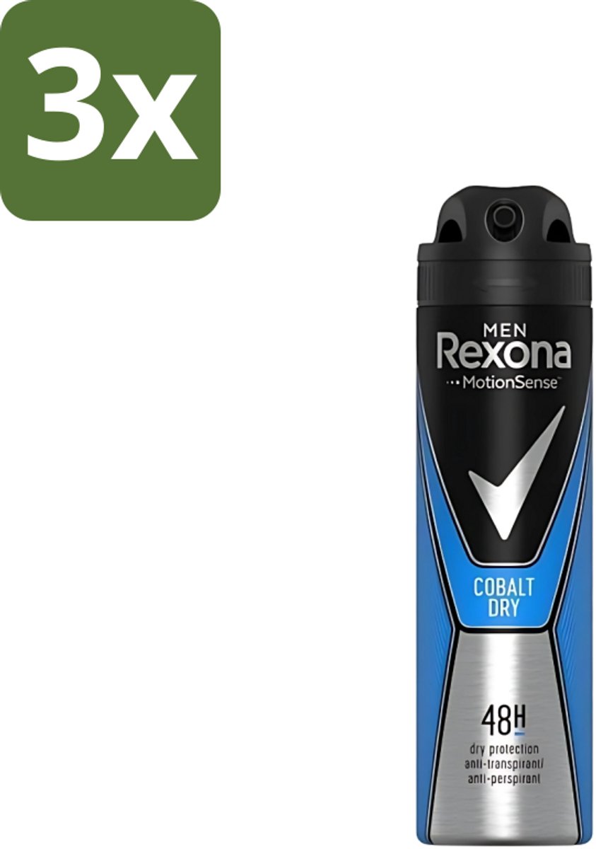 3 x Rexona Men - Deodorant Spray - Motion Sense - Cobalt Dry - Anti-Transpirant & Perspirant - 150ml - Anti-transpirant - Deodorant Spray - Mannelijke Deodorant - Frisse Geur - Bescherming Tegen Transpiratie