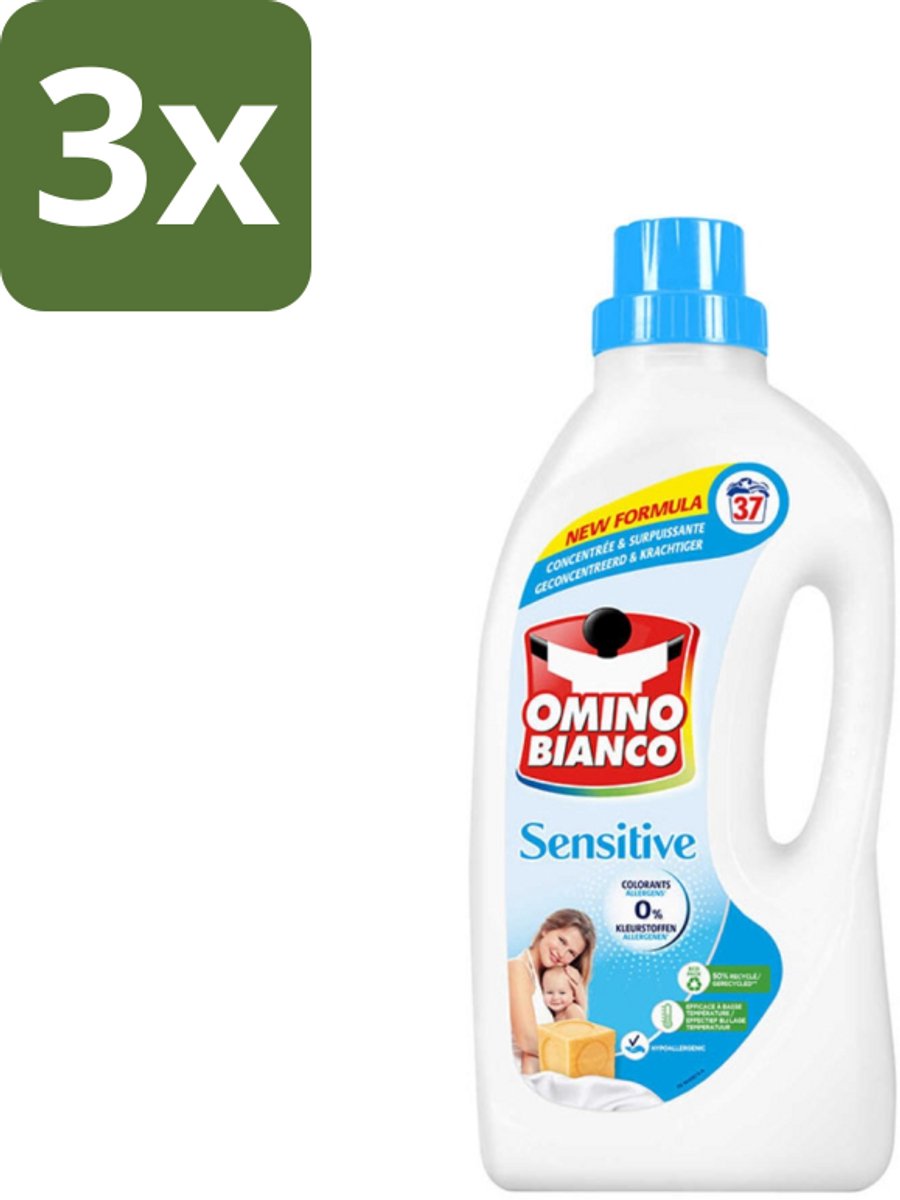 3 x Omino Bianco - Gevoelig - Wasmiddel - Witte & Gekleurde Was - 37 Wasbeurten - Gevoelige Huid - Hypoallergene Wasmiddel - Wasmiddel Zonder Allergenen - Wasmiddel Zonder Kleurstof - Huidvriendelijk Wasmiddel