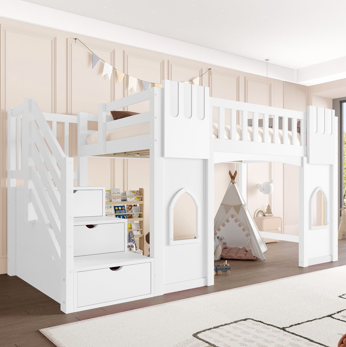Wishdor Hoogslaper 90x200 cm - Met opbergladder en ramen - Houten bedframe met lattenbodem en uitvalbeveiliging - Wit - Kinderkamer speelruimte opbergruimte