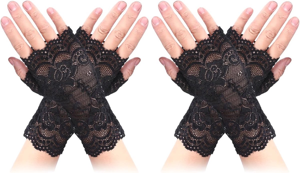2 Paar Dames Kanten Handschoenen Zwart Kort Vingerloos voor Halloween, Bruiloft en Cosplay Feestjes