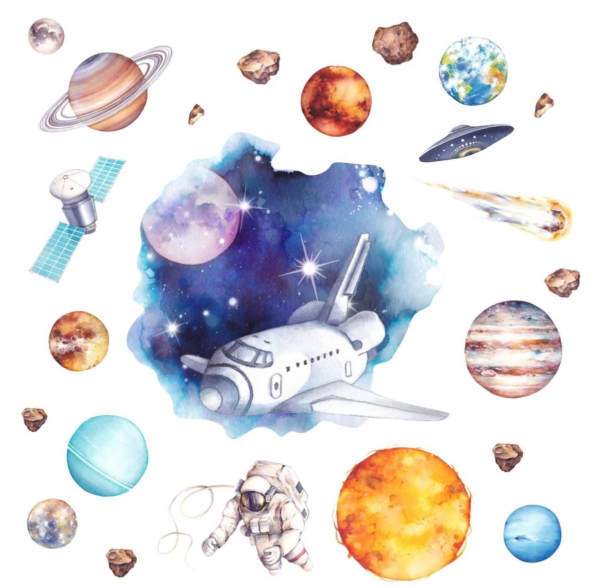 Elzusha - Muursticker Ruimte-Planeten Astronaut - Aquarel in 6 Maten