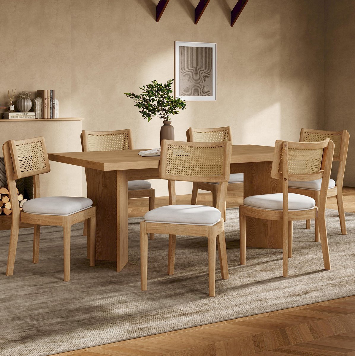 Wishdor Eetkamerstoel - Set van 6 - Rotan rugleuning en linnen zitting - Modern design - Eetkamer woonkamer cafe - Hout, rotan en stof - Houtkleur - 50 x 58 x 88 cm