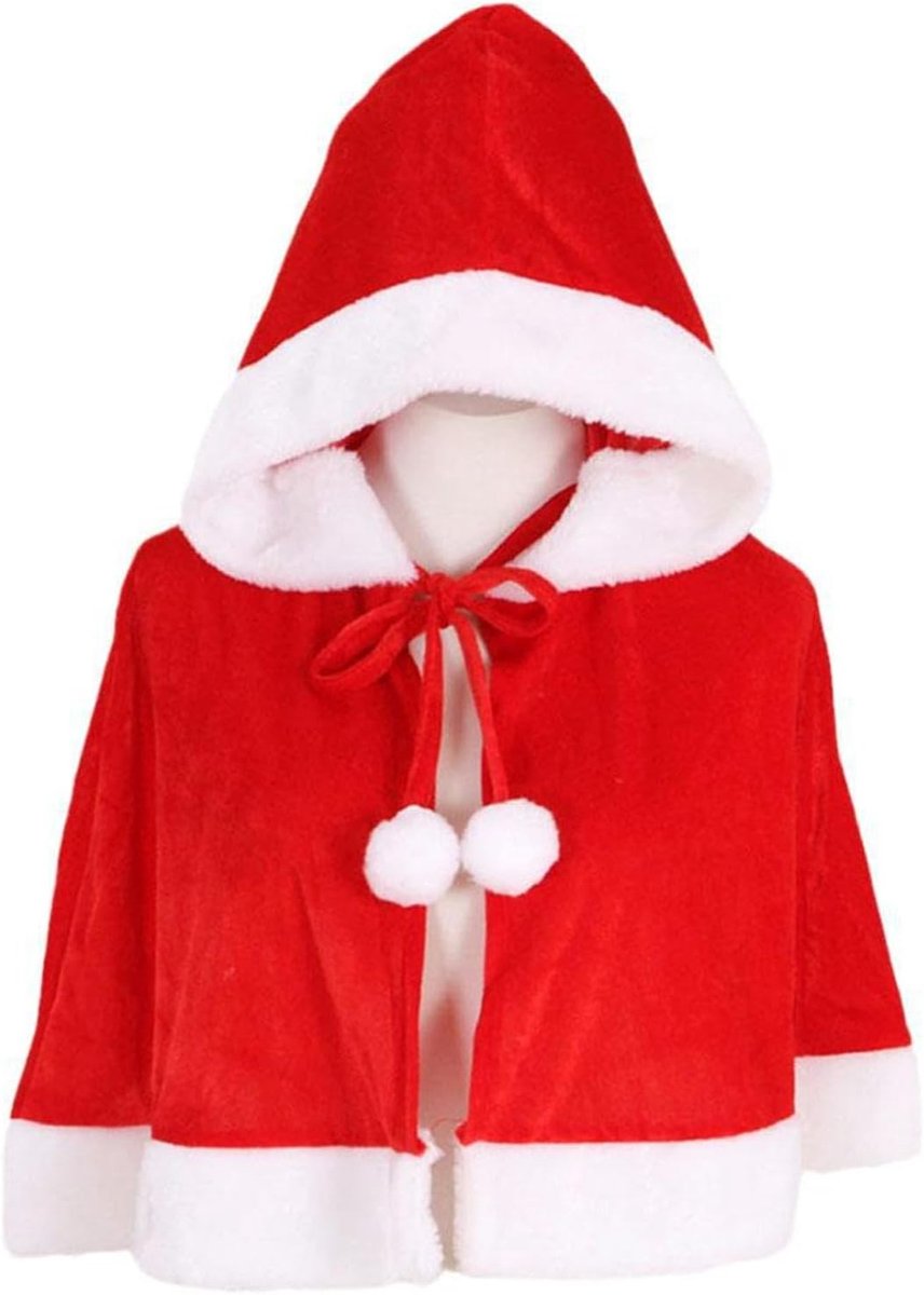 Kerstmantel met capuchon in rood-wit, pluche design met pompons voor feestelijke kerstoutfits en winterse evenementen