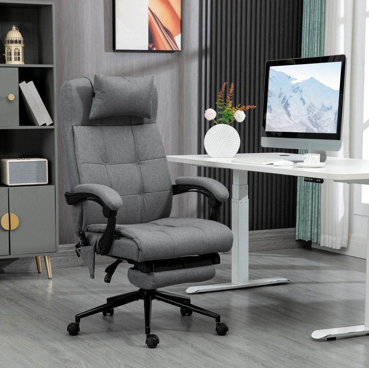 REDOM - Bureaustoel - Massagefunctie - Ergonomisch - Lendenverwarming - Verstelbare hoogte - Voetsteun - Hoofdsteun - Stof - Grijs - 66 x 76 x 112-120 cm