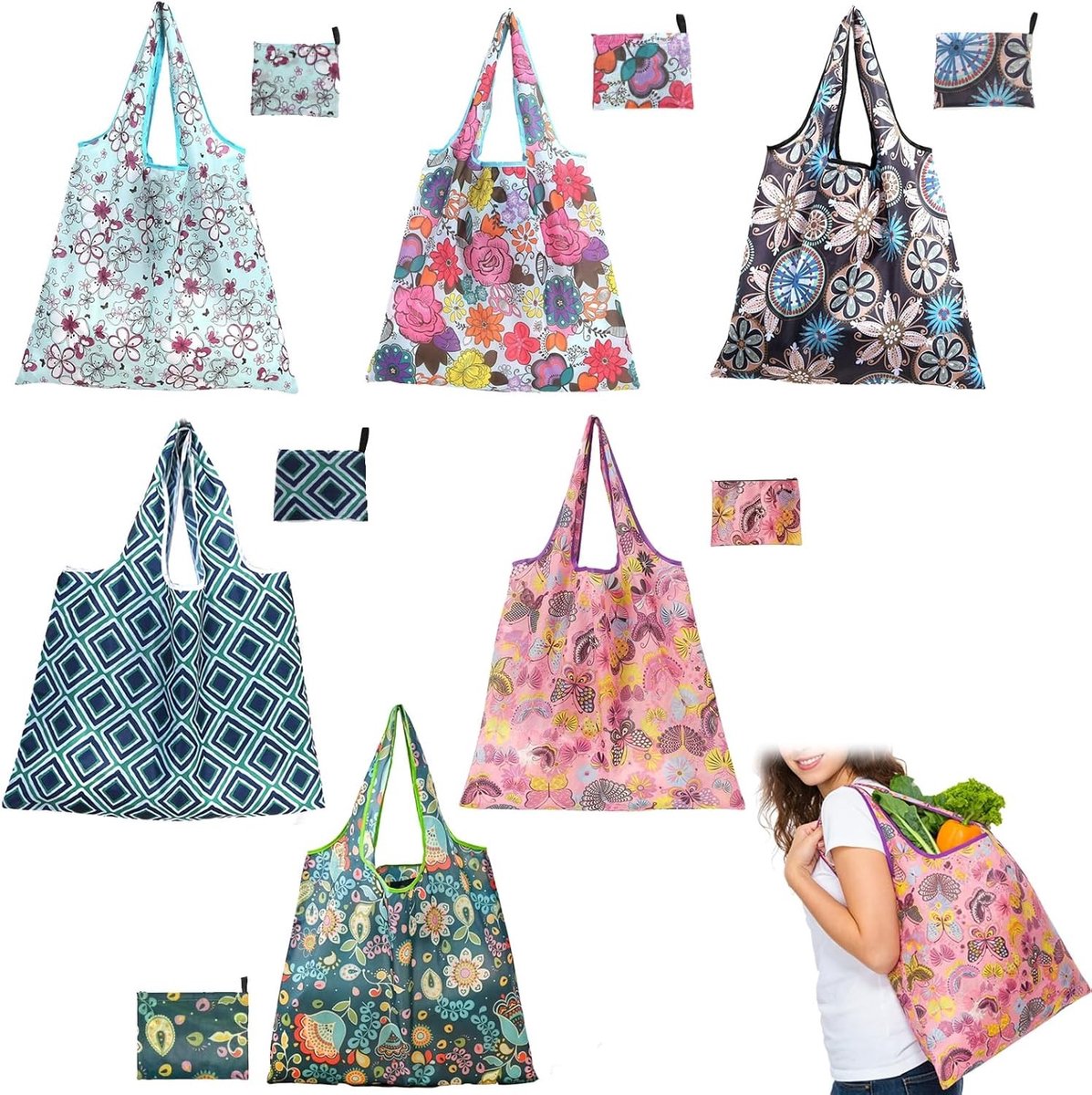 Vouwbare boodschappentas 46x66 cm – Herbruikbare tas van 190T polyester, lichtgewicht en sterk tot 15 kg, perfect voor winkelen, reizen en dagelijks gebruik met stijlvolle ontwerpen