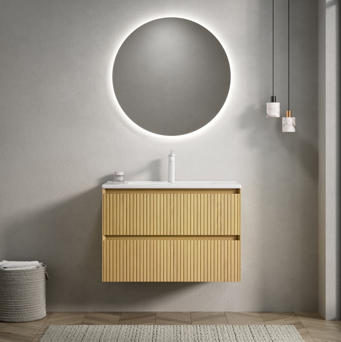 STILVORA Badkamerkast - Wandhangend Wastafelmeubel Met Geintegreerde Keramische Wastafel En 2 Lades - Voor Badkamer - Hout Wit - 75x39x50 cm