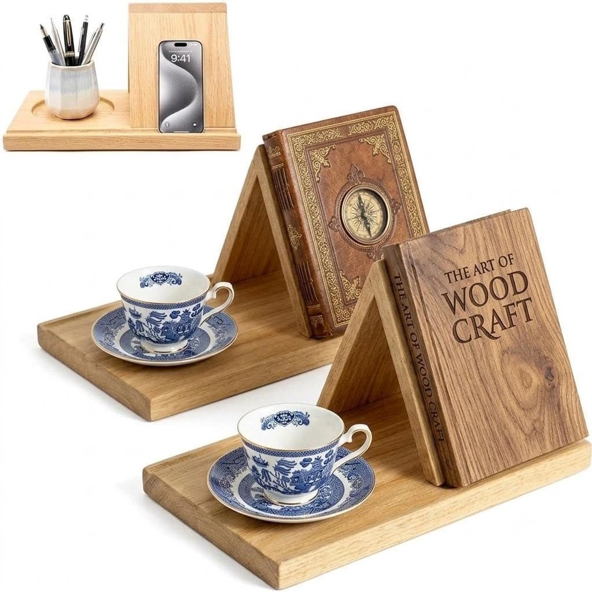 Driehoekige houten boekstandaard voor boeken, tablets en e-readers - Ideaal voor bureau en nachtkastje, perfect als cadeau voor boekenliefhebbers (2 stuks)