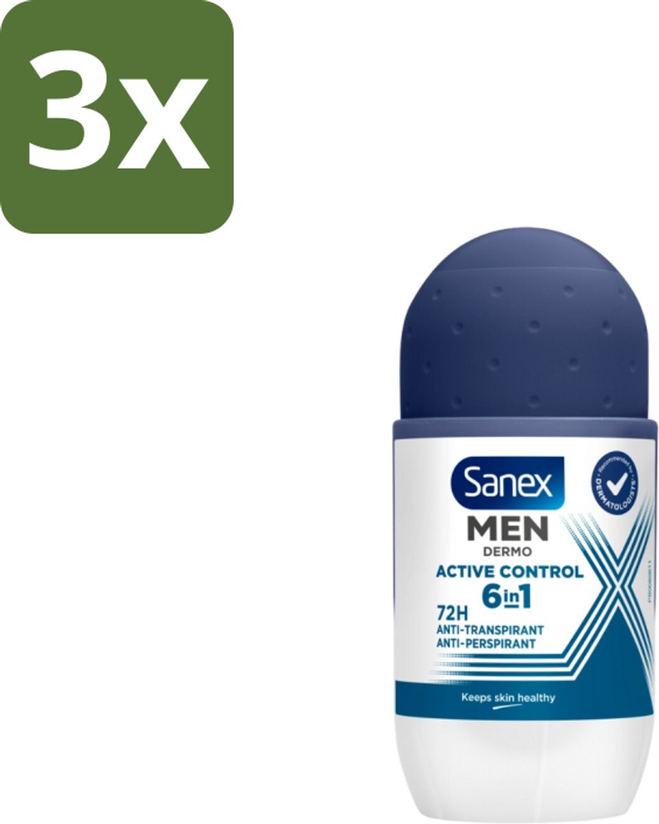 3 x Sanex Deodorant Roller Men Active Control 53 ml - Mannelijke Deodorant - Deodorant Voor Mannen - Deodorant Roller - Anti-irritatie Deodorant - Huidvriendelijke Deodorant