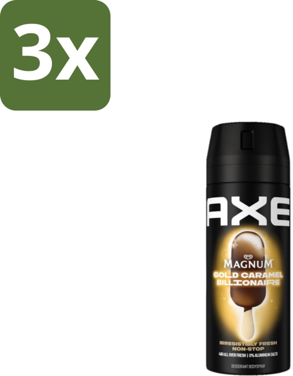 3 x Axe – Deodorant Bodyspray – Magnum Gold Caramel Billionaire – 150 ml - Axe Deodorant - Deodorant Bodyspray - Luxe Geur - Chocolade Geur - Caramel Geur