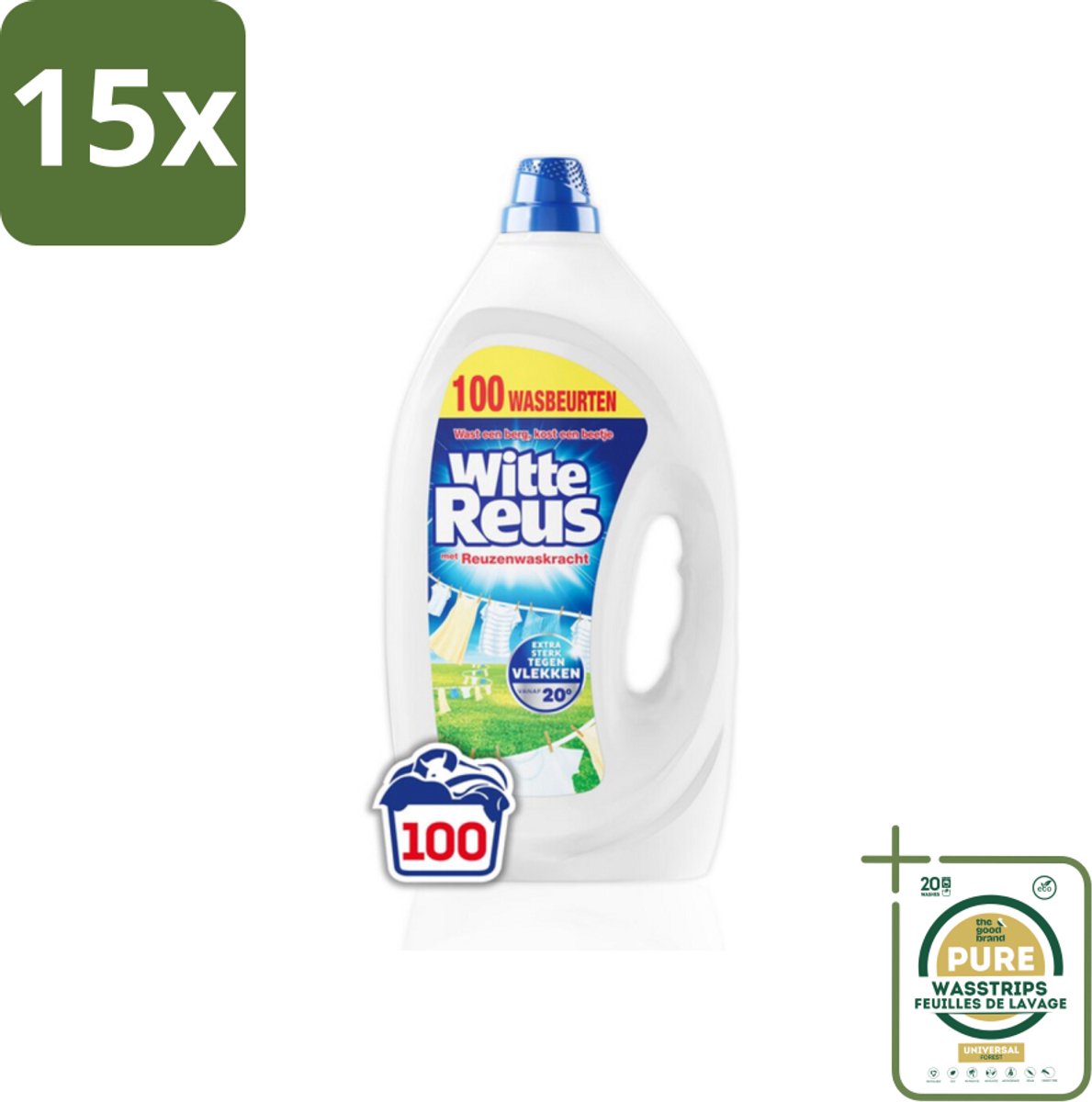 15 x Witte Reus Wasmiddel Gel 100 Wasbeurten 4,5 liter - Grootverpakking - Wasmiddel Gel - Witte Was - Vlekken Verwijderen - Koud Water Wassen - Energiezuinig Wassen