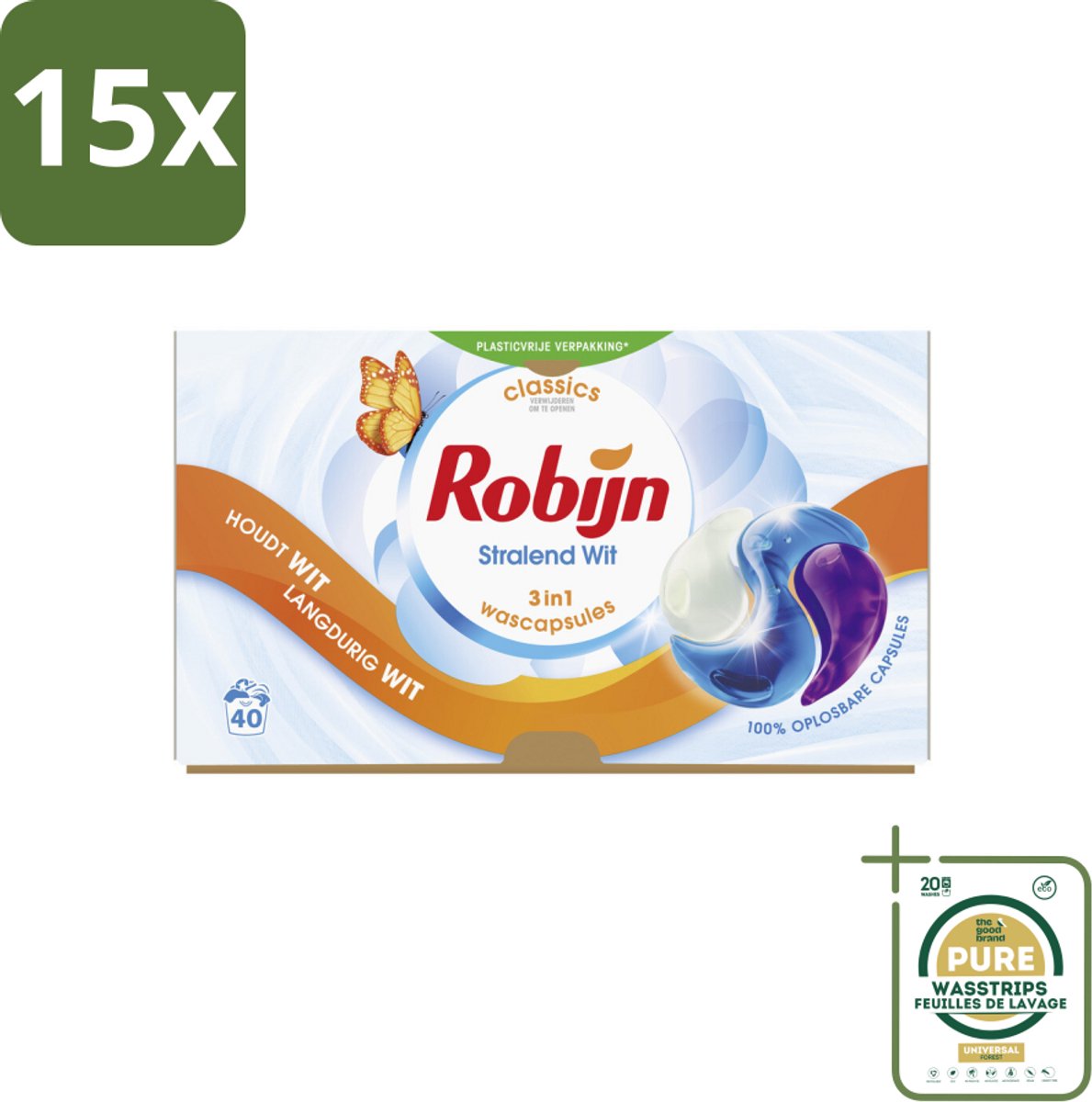 15 x Robijn Wascapsules 3-in-1 Stralend Wit 40 stuks per verpakking - Grootverpakking - Wit Was - Wascapsules - Was Reiniging - Was Verzorging - Was Geur
