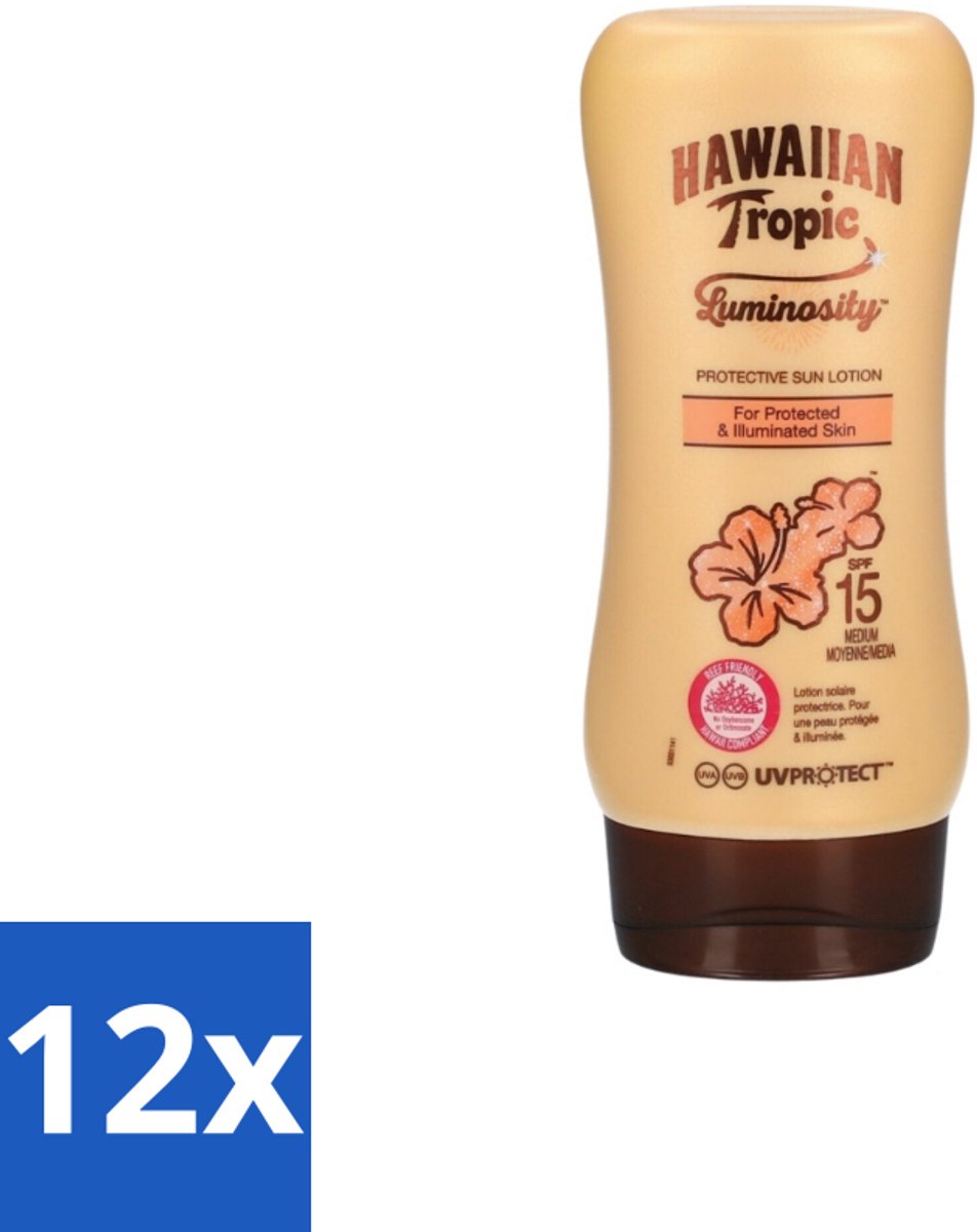 12 x Hawaiian Tropic – Zonnebrand Lotion – Luminosity Medium SPF15 – 180 ml - Zonbescherming - Zonnebrandlotion - SPF15 - Huidverzorging - Uitdroging Voorkomen