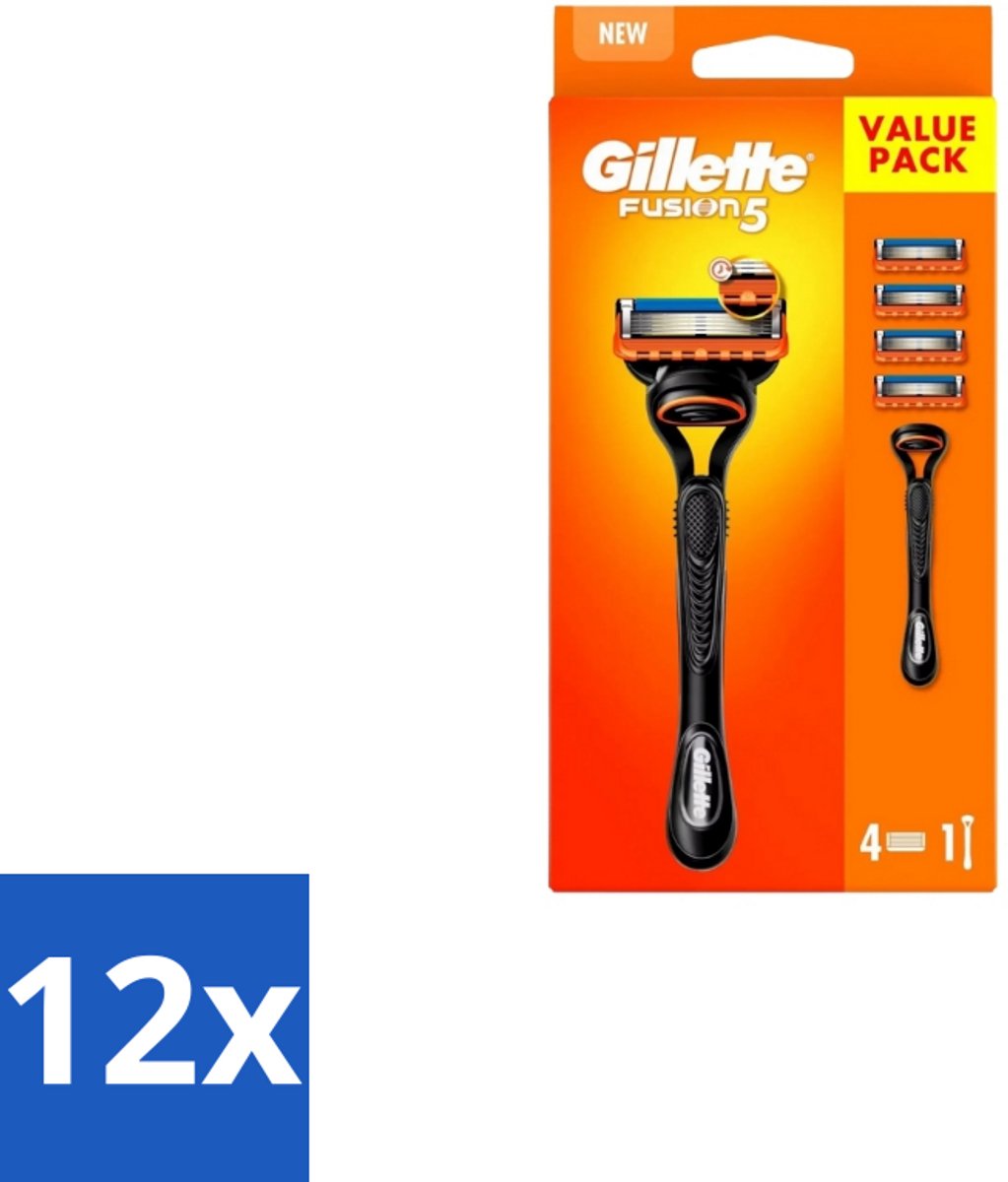 12 x Gillette – Fusion5 – Scheersysteem Houder + 4 Mesjes - Scheermes - Scheren - Scheren Mesjes - Scheren Houder - Scheren Comfort