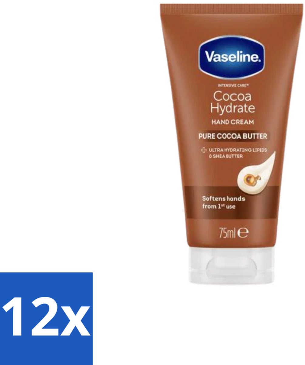 12 x Vaseline – Handcrème – Cocoa Butter – 75 ml - Handcrème - Handverzorging - Vochtigheid - Droge Handen - Cacaoboter